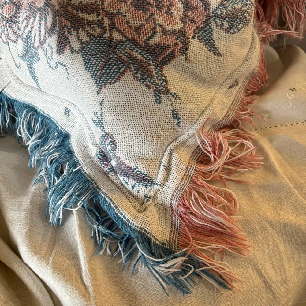 Oversized Vintage Quilt Tapestry Turned into Heart Shaped Cherub Pillow w Fringe